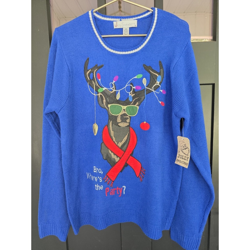 NEW Jolly Sweater M Blue Reindeer‎ Party Ugly Sweater Christmas Holiday Pullover